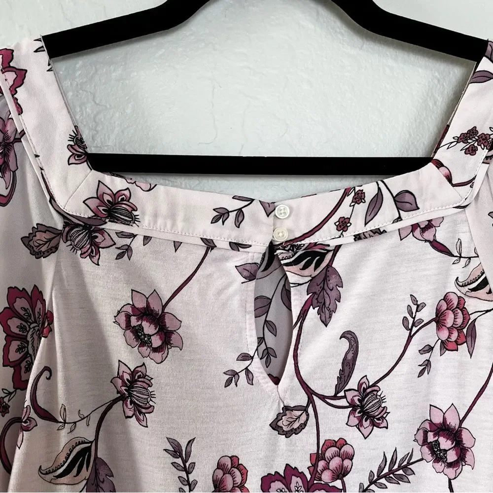 LOFT Floral Blouse Light Pink Purple Square Neckline Size Large Romantic